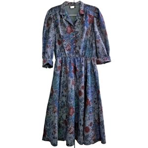 Vintage Stuart Alan Dark Cottagecore Fall Floral Midi Dress Size 14 Puff Sleeves